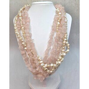 Multi-Strand Rose Quartz & Freshwater Pearl Necklace With Silver-Tone Adjustable